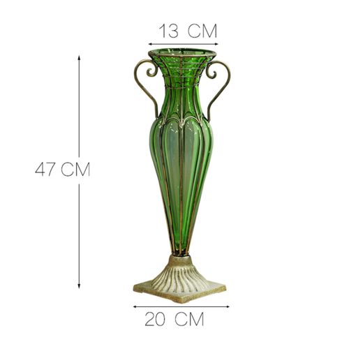 Green Colored Glass Flower Vase with 6 Bunch 5 Heads Artificial Fake Silk Rose Home Decor Set