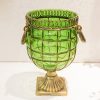 Green Colored European Glass Jar Flower Vase Solid Base with Metal Handle