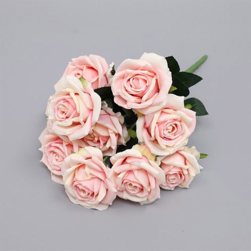 Clear Glass Cylinder Flower Vase with 4 Bunch 9 Heads Artificial Fake Silk Rose Home Decor Set