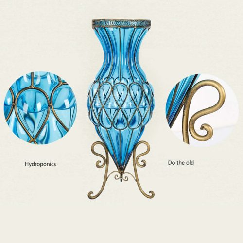 65cm Glass Tall Floor Vase with Metal Flower Stand – Blue