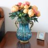 Blue Colored European Glass Home Decor Flower Vase with Two Metal Handle