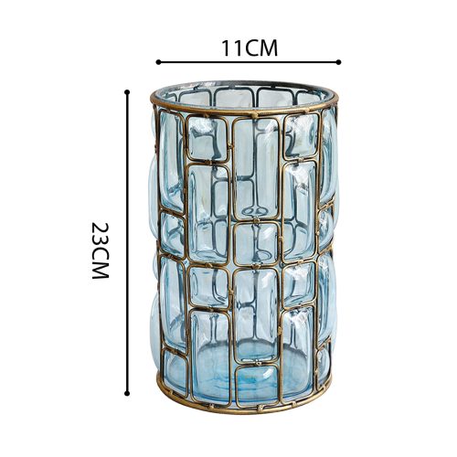Blue Colored European Glass Cylinder Flower Vase with Gold Metal Pattern