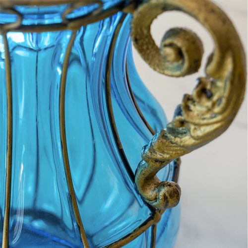 Blue Colored Glass Flower Vase with 8 Bunch 3 Heads Artificial Fake Silk Hibiscus Home Decor Set