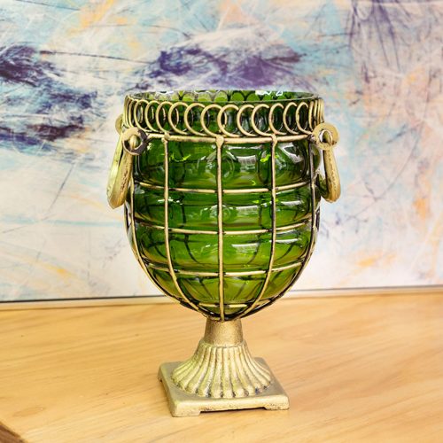 Green Glass Flower Vase with 6 Bunch 4 Heads Artificial Fake Silk Magnolia denudata Home Decor Set
