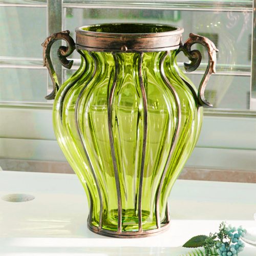 Green Colored Glass Flower Vase with 4 Bunch 9 Heads Artificial Fake Silk Rose Home Decor Set
