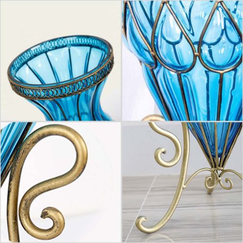 65cm Glass Tall Floor Vase with Metal Flower Stand – Blue