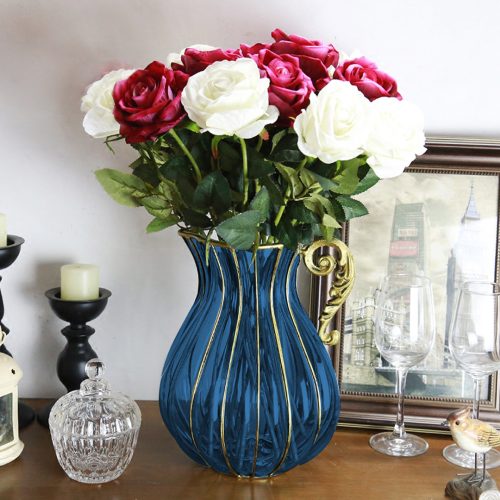 Blue European Colored Glass Home Decor Jar Flower Vase with Metal Handle