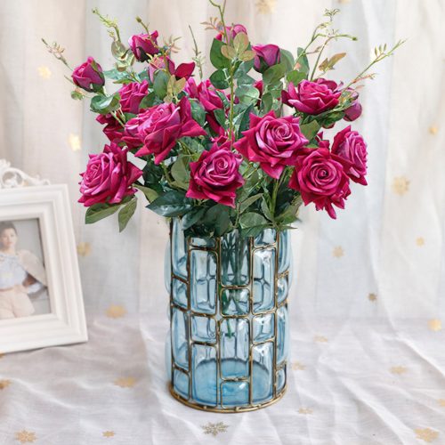 Blue Glass Cylinder Flower Vase with 8 Bunch 5 Heads Artificial Fake Silk Rose Home Decor Set