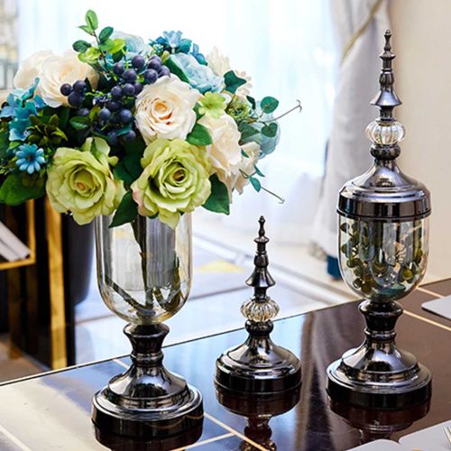 2 x Clear Glass Flower Vase with Lid and Transparent Filler Vase Set – Black