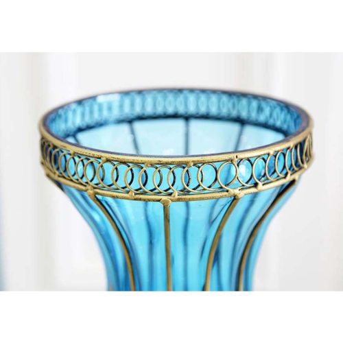 65cm Glass Tall Floor Vase with Metal Flower Stand – Blue