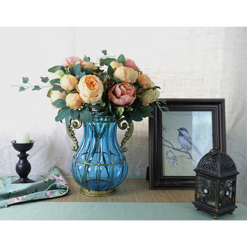 Blue Colored European Glass Home Decor Flower Vase with Two Metal Handle