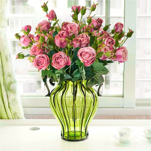 Green Colored Glass Flower Vase with 10 Bunch 6 Heads Artificial Fake Silk Rose Home Decor Set