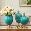 3x Ceramic Oval Flower Vase with Blue Flower Set – Dark Blue