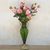 Green Colored Glass Flower Vase with 8 Bunch 5 Heads Artificial Fake Silk Rose Home Decor Set