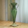 Green Colored European Glass Flower Vase Solid Base with Two Gold Metal Handle