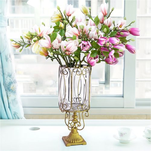 Clear Glass Cylinder Flower Vase with 6 Bunch 4 Heads Artificial Fake Silk Magnolia denudata Home Decor Set