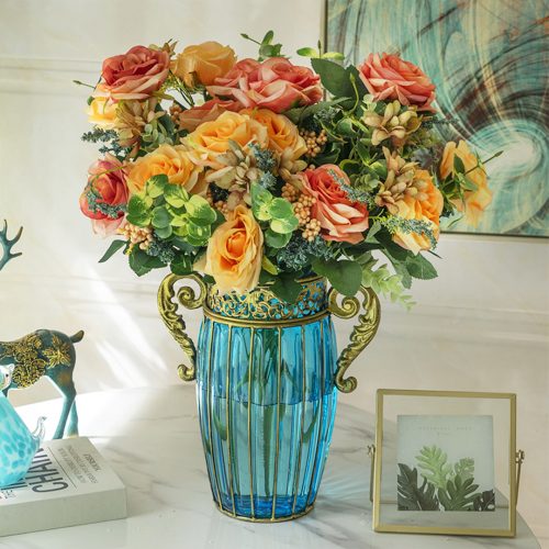 Blue Colored Glass Flower Vase with 4 Bunch 11 Heads Artificial Fake Silk Rose Home Decor Set