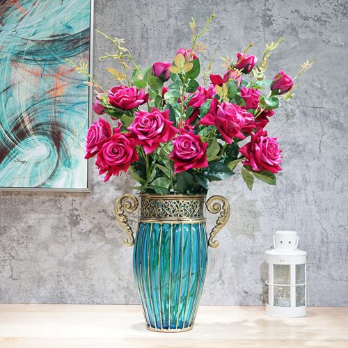 Blue Colored Glass Flower Vase with 8 Bunch 5 Heads Artificial Fake Silk Rose Home Decor Set