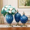 3x Ceramic Oval Flower Vase with Blue Flower Set – Dark Blue