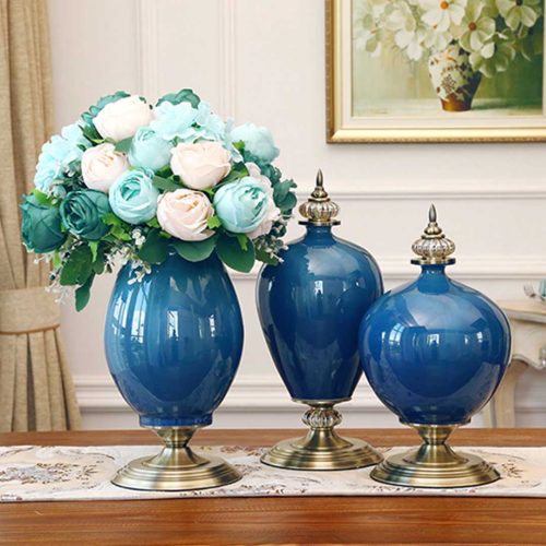 42.50cm Ceramic Oval Flower Vase with Gold Metal Base