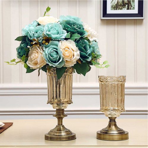 Transparent Glass Flower Vase with Metal Base Filler Vase