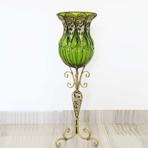 85cm Glass Floor Vase with Tall Metal Flower Stand – Green