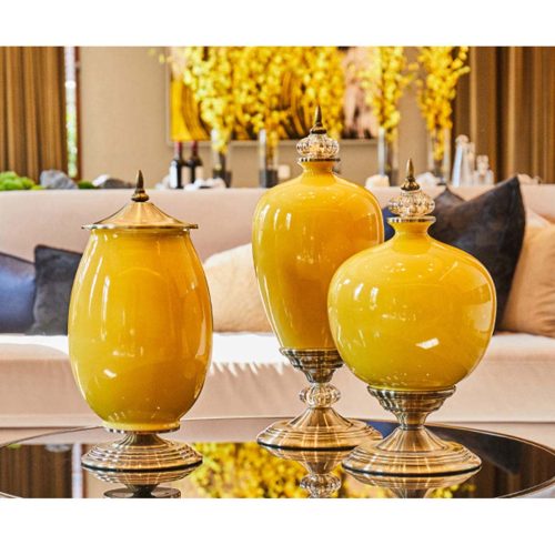 38.50cm Ceramic Oval Flower Vase with Gold Metal Base