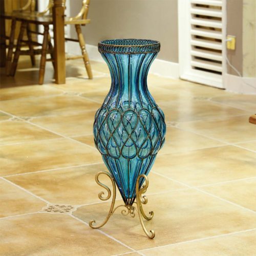 65cm Glass Tall Floor Vase with Metal Flower Stand – Blue