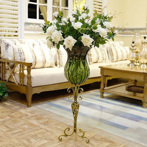 85cm Glass Floor Vase with Tall Metal Flower Stand – Green