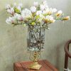 European Clear Glass Cylinder Flower Vase Solid Base with Gold Metal Pattern