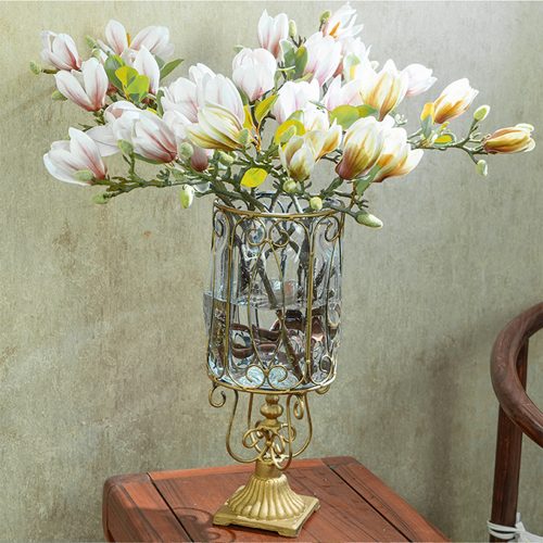 European Clear Glass Cylinder Flower Vase Solid Base with Gold Metal Pattern