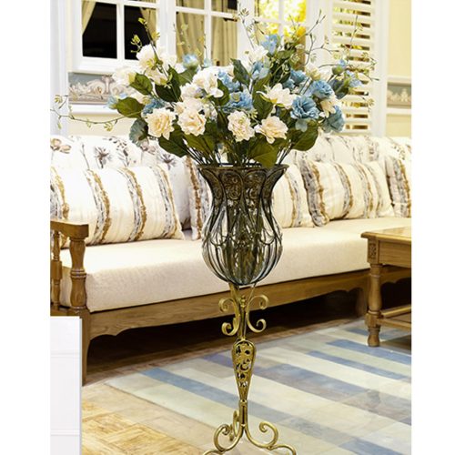 85cm European Clear Glass Floor Home Decor Flower Vase with Tall Metal Stand