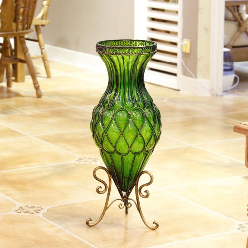 67cm Glass Tall Floor Vase with 10pcs White Artificial Fake Flower Set – Green