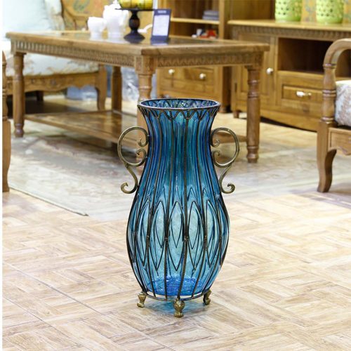 51cm Glass Tall Floor Vase and 10pcs White Artificial Fake Flower Set – Blue