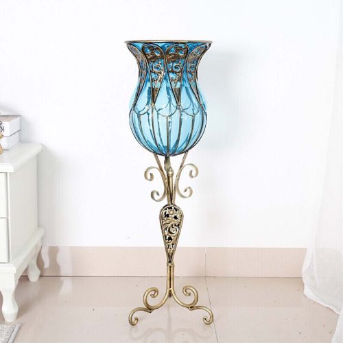 85cm Glass Tall Floor Vase and 12pcs Blue Artificial Fake Flower Set – Blue