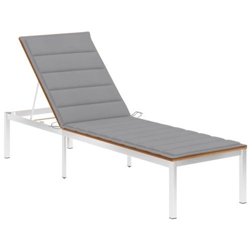 Sun Lounger with Cushion Solid Acacia Wood and Stainless Steel – Grey