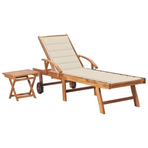Sun Lounger with Cushion Solid Teak Wood