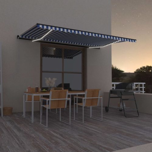 Manual Retractable Awning with LED Blue and White – 500×300 cm, Blue and White