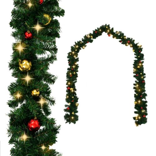 Christmas Garland with Baubles and LED Lights Green PVC