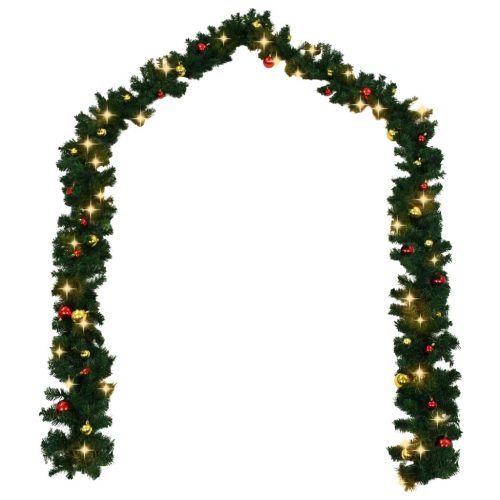 Christmas Garland with Baubles and LED Lights Green PVC – 10 M