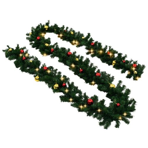 Christmas Garland with Baubles and LED Lights Green PVC – 10 M