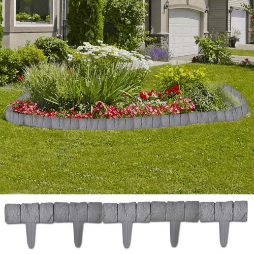 Plastic Garden / Lawn Fence Stone Look 41 pcs 10 m – Grey