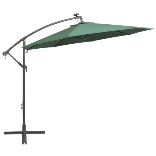 Hanging Parasol with LED Lighting Metal Pole – 300 cm, Green