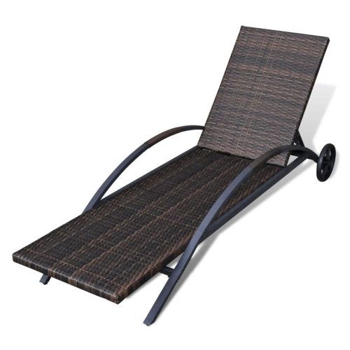 Sun Lounger with Cushion & Wheels Poly Rattan – Brown