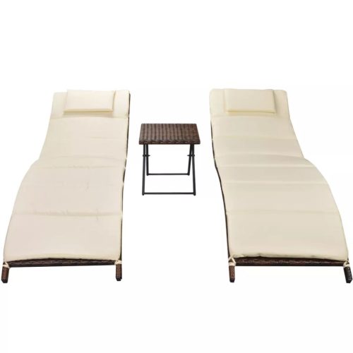 Folding Sun Loungers 2 pcs with Table Poly Rattan – Brown