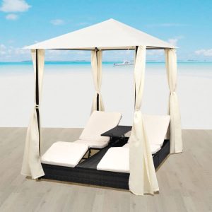 Double Sun Lounger with Curtains Poly Rattan