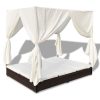 Outdoor Lounge Bed with Curtains Poly Rattan – Brown