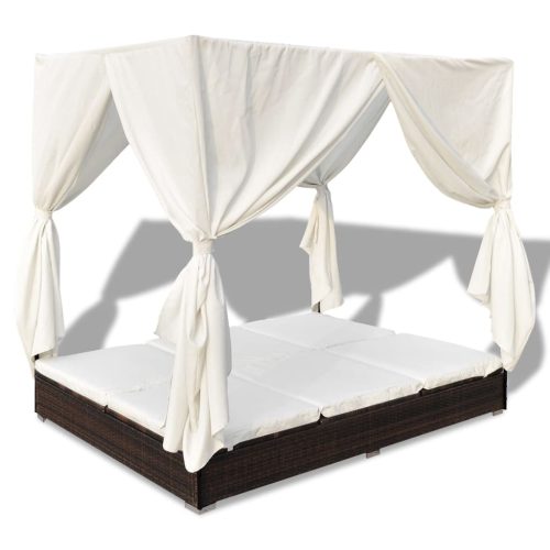 Outdoor Lounge Bed with Curtains Poly Rattan – Brown