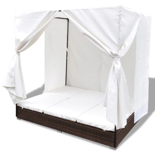 Outdoor Lounge Bed with Curtains Poly Rattan – Brown