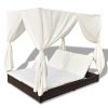 Outdoor Lounge Bed with Curtains Poly Rattan – Brown